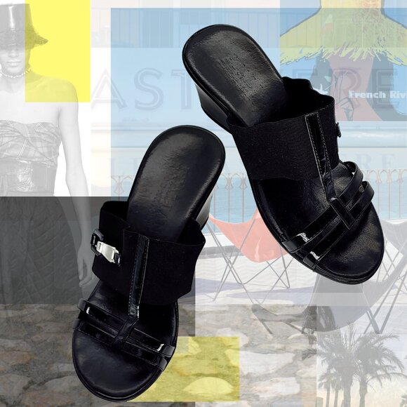 SLIP-ON Wedge Sandals Black Patent/Buckle - Picture 2 of 3